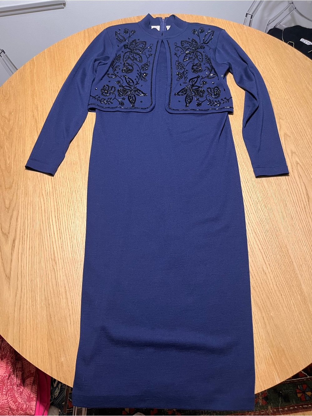 Liz Claiborne Vintage Navy Long Sleeve Midi Dress with Attached Beaded Bolero